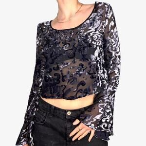 Black sheer long sleeve top cropped boho floral velvety design